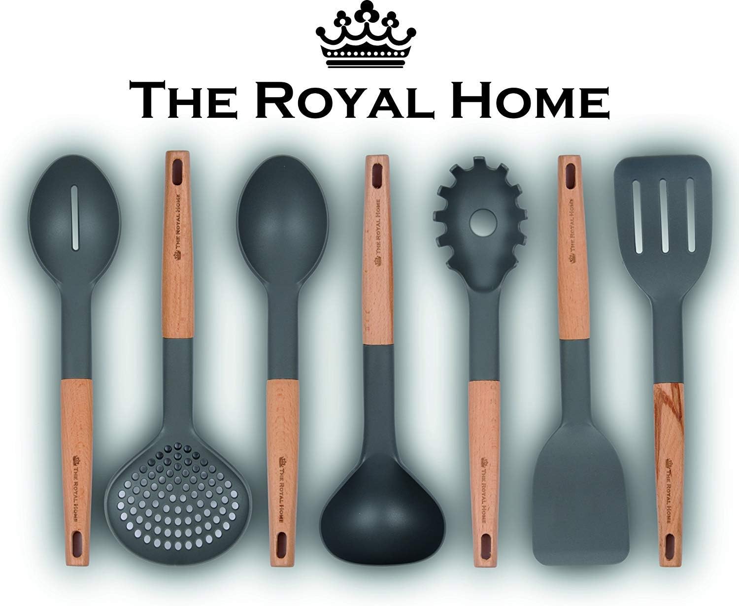 Kitchen Utensil Set | 7 Piece Wooden Handle Cooking Utensils | Nonstick Kitchen Gadgets | Nylon Kitchen Tool Kit | Pasta Spoon, Slotted Turner, Spoon, Spatula, Strainer, Ladle, Slotted Spoon