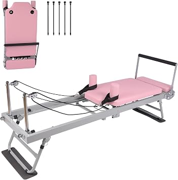 Foldable Pilates Reformer Machine for Home, 77.5'' Pink Pilates Equipment with 5x18 Lbs Resistance Bands,Professional Aeropilates Reformers for Beginners/Advanced