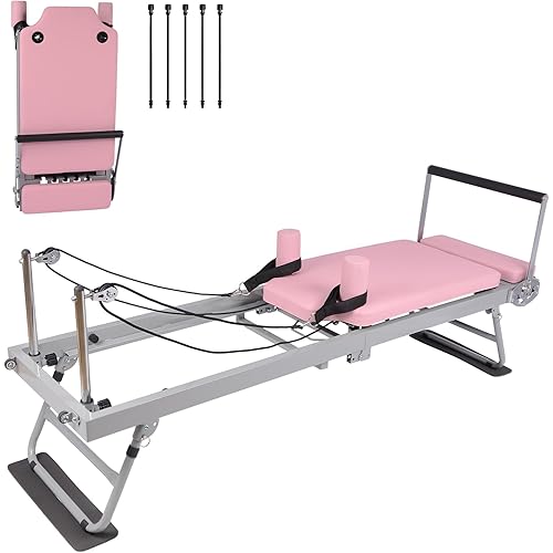 Pink Pilates Reformer Machine 77.5" Foldable Pilates Equipment for Home Gym Workout,Pink Adjustability Pilates Workout Equipment with Resistance Ropes for Advanced and Beginners