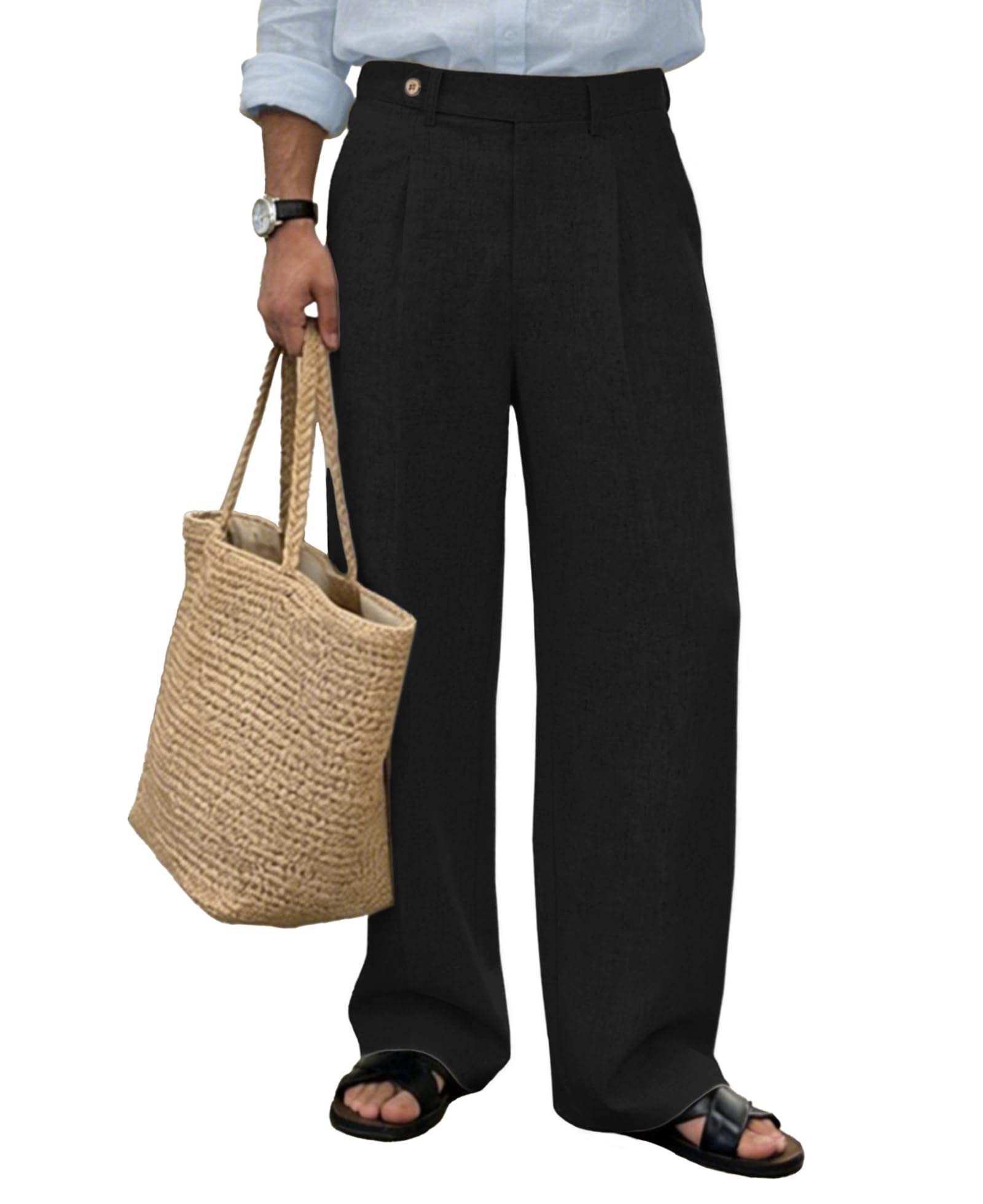 Susclude Mens Linen Casual Dress Pants Baggy Pleated Old Money Wide Leg Slacks Relaxed Fit Lightweight Work Trousers