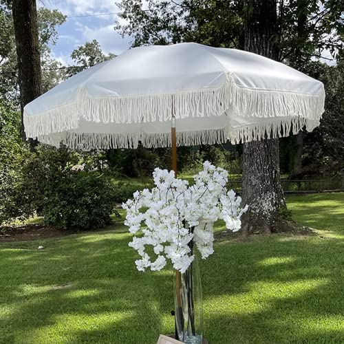 AMMSUN 7ft Patio Umbrella with Fringe, Easy to Set Up, Push Button Tilt, UV 50+ Protection, Outdoor Umbrella with Tassels for Backyard, Pool, Garden, Beach Party, White Cream image 3