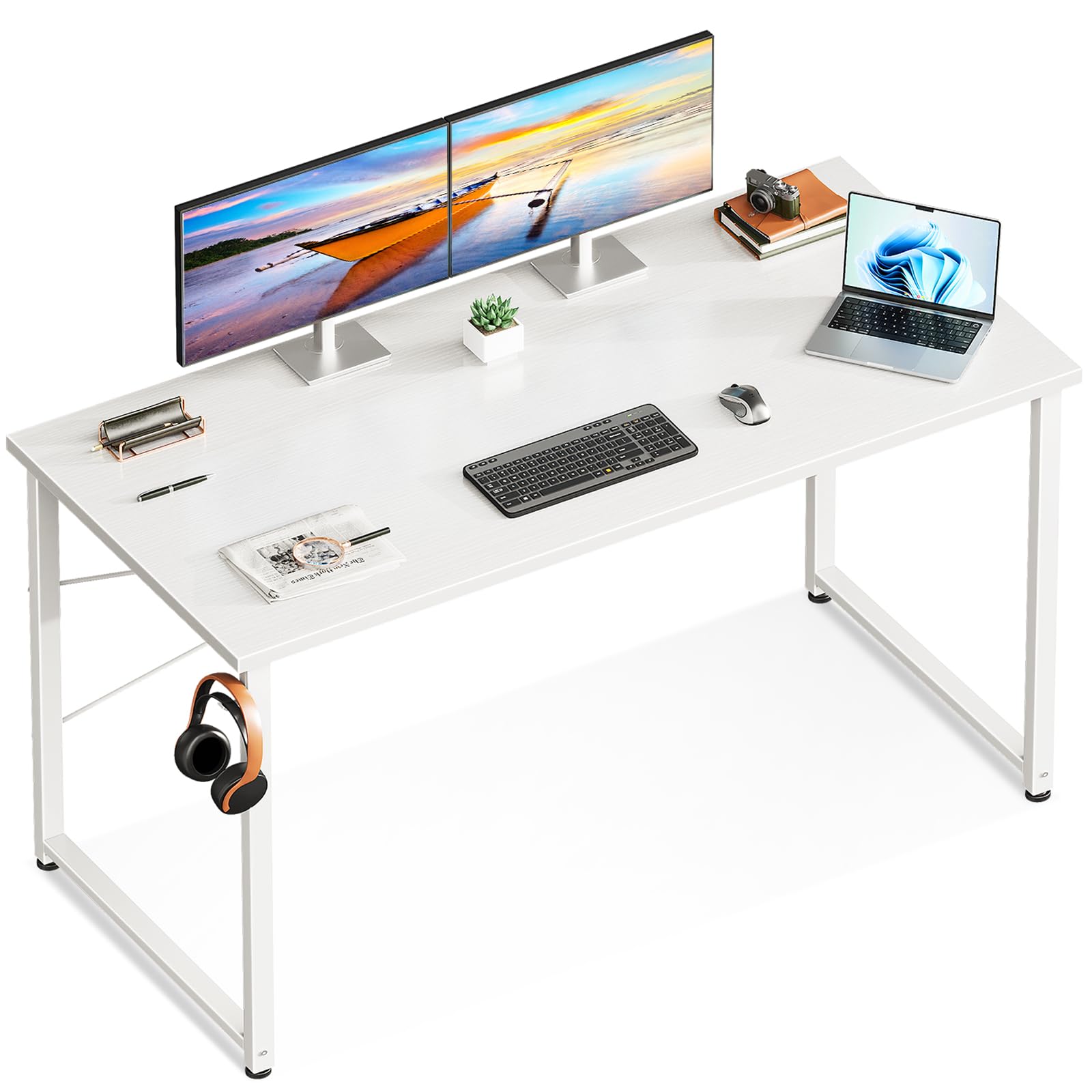 Casaottima 48 Inch Small Computer Desk for Home Office, Study Writing Table for Small Spaces, Simple Modern Desk with Headphone Hooks, White