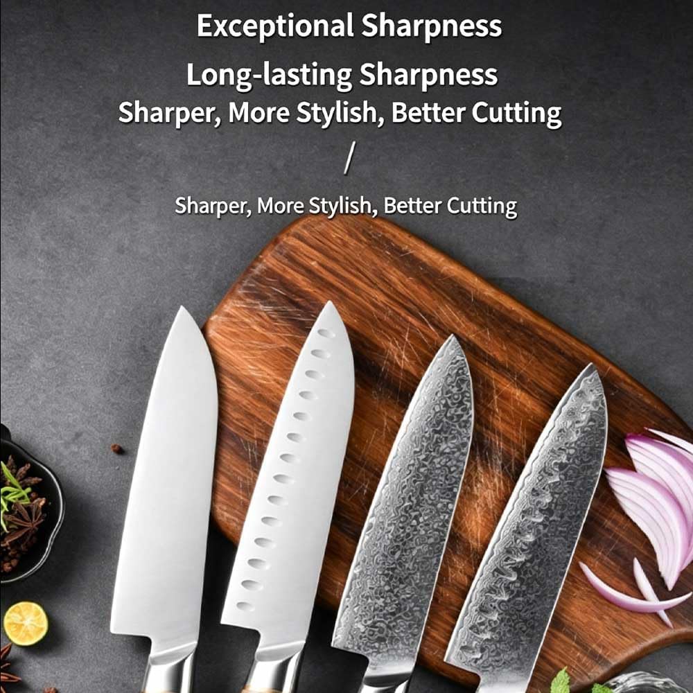 4 Pcs Damascus Steel Santoku Knife Set, Professional Western Chef Knife, Japanese Style Kitchen Utility Knives, Ultra Sharp Multipurpose Cooking Cutlery for Home & Gourmet Cooking brown