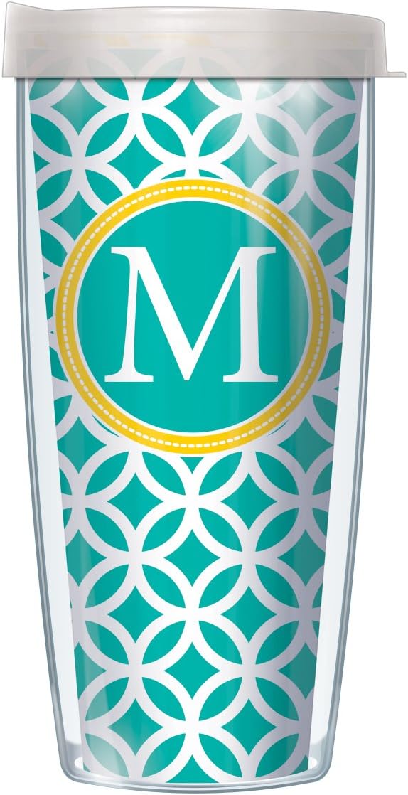 Signature Tumblers M Monogram Insignia Wrap on Teal and White Roundabout 16 Ounce Double-Walled Travel Tumbler Mug with Pearl White Easy Sip Lid