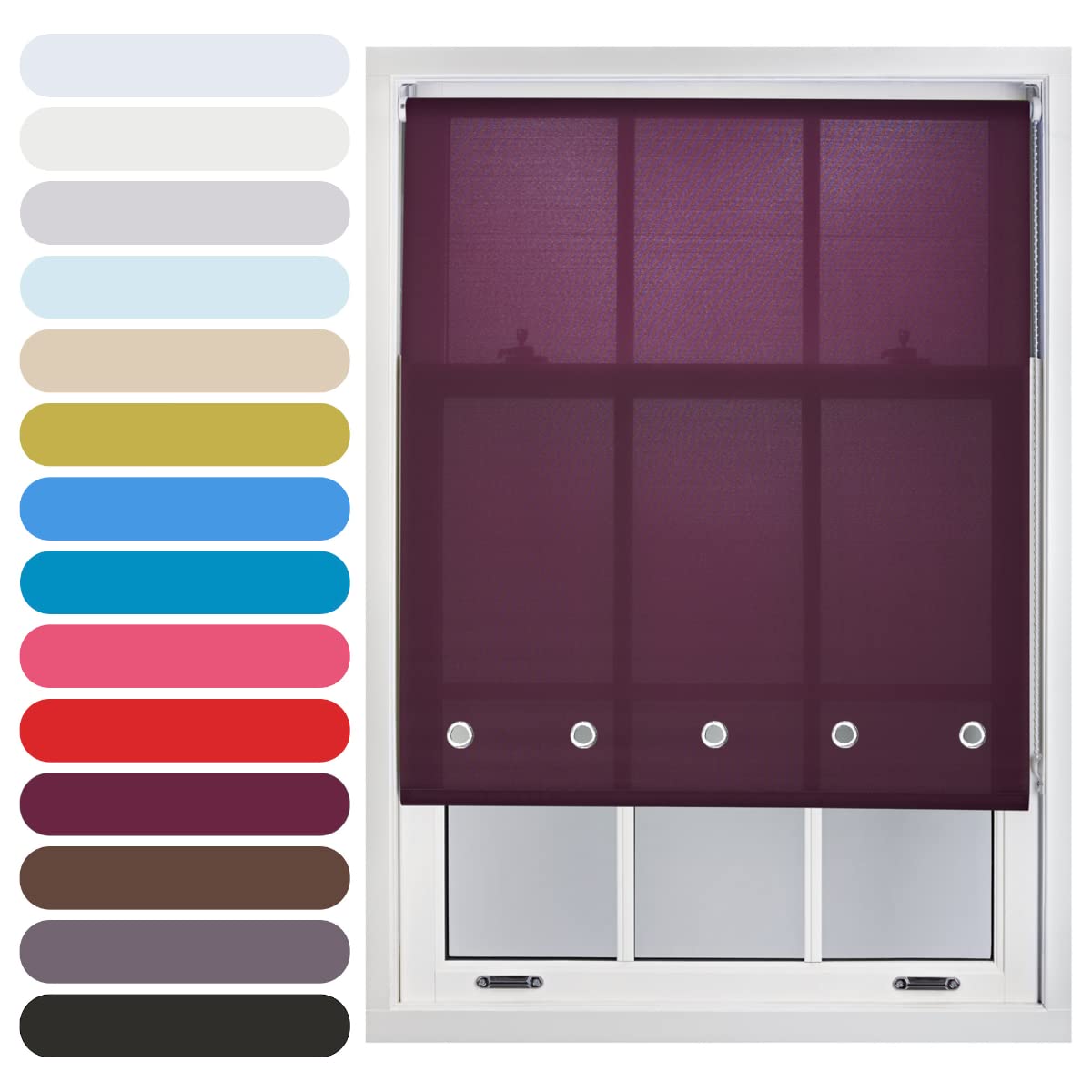 FURNISHED Daylight Roller Blind with Round Eyelets Trimmable, Aubergine, 195W x 165L cm