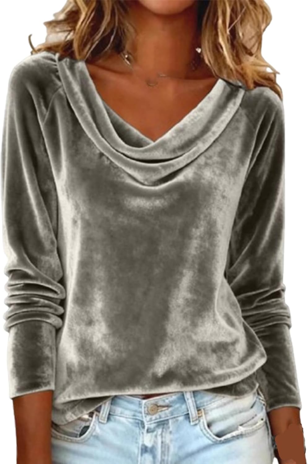 Women’s Velvet Cowl Neck Long Sleeve Top, Draped Casual Dressy Blouse for Fall Winter