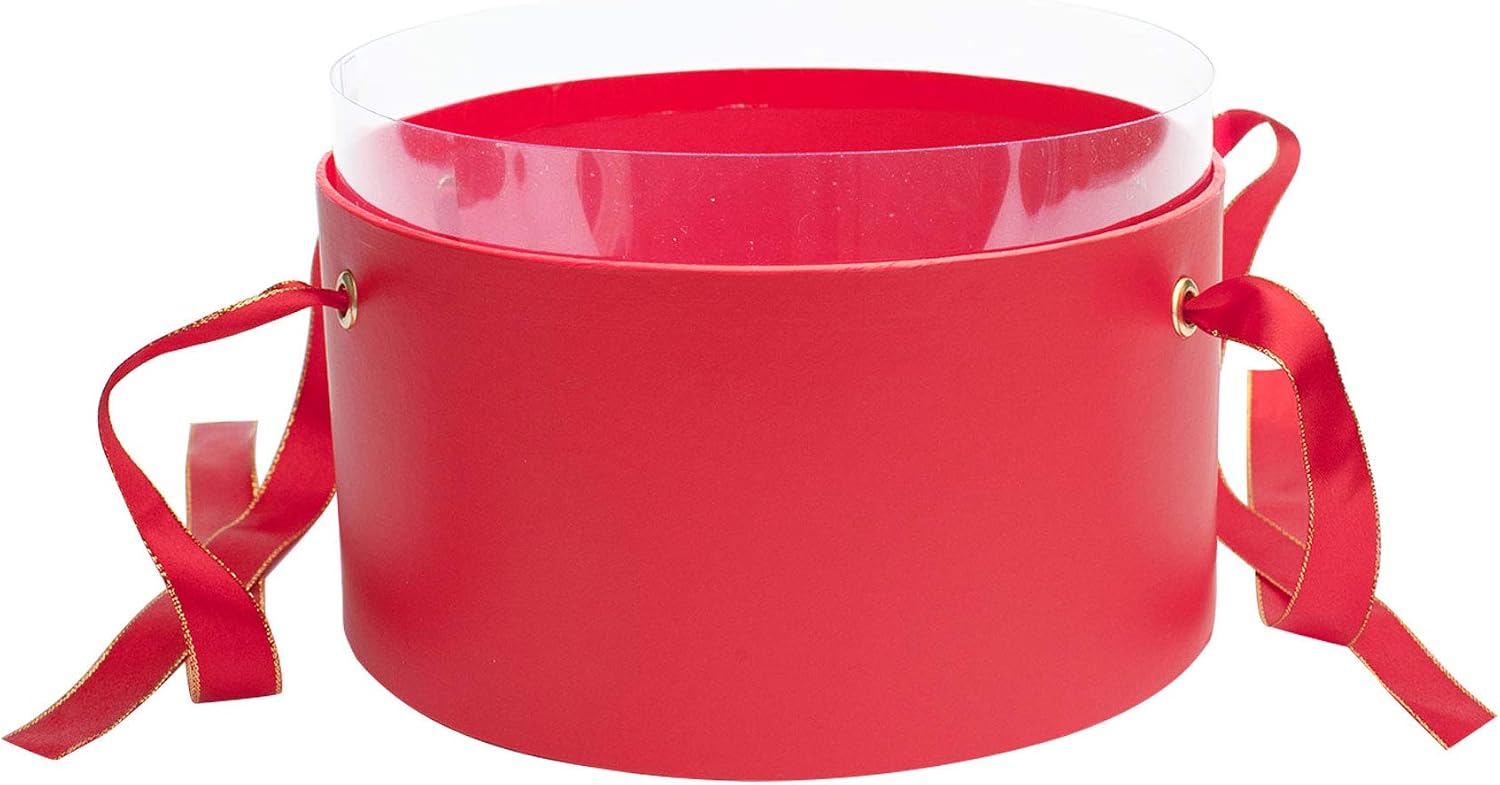 Emartbuy Set of 3 Rigid Luxury Round Presentation Flower Gift Box, Red Print with Transparent Top - Image 4