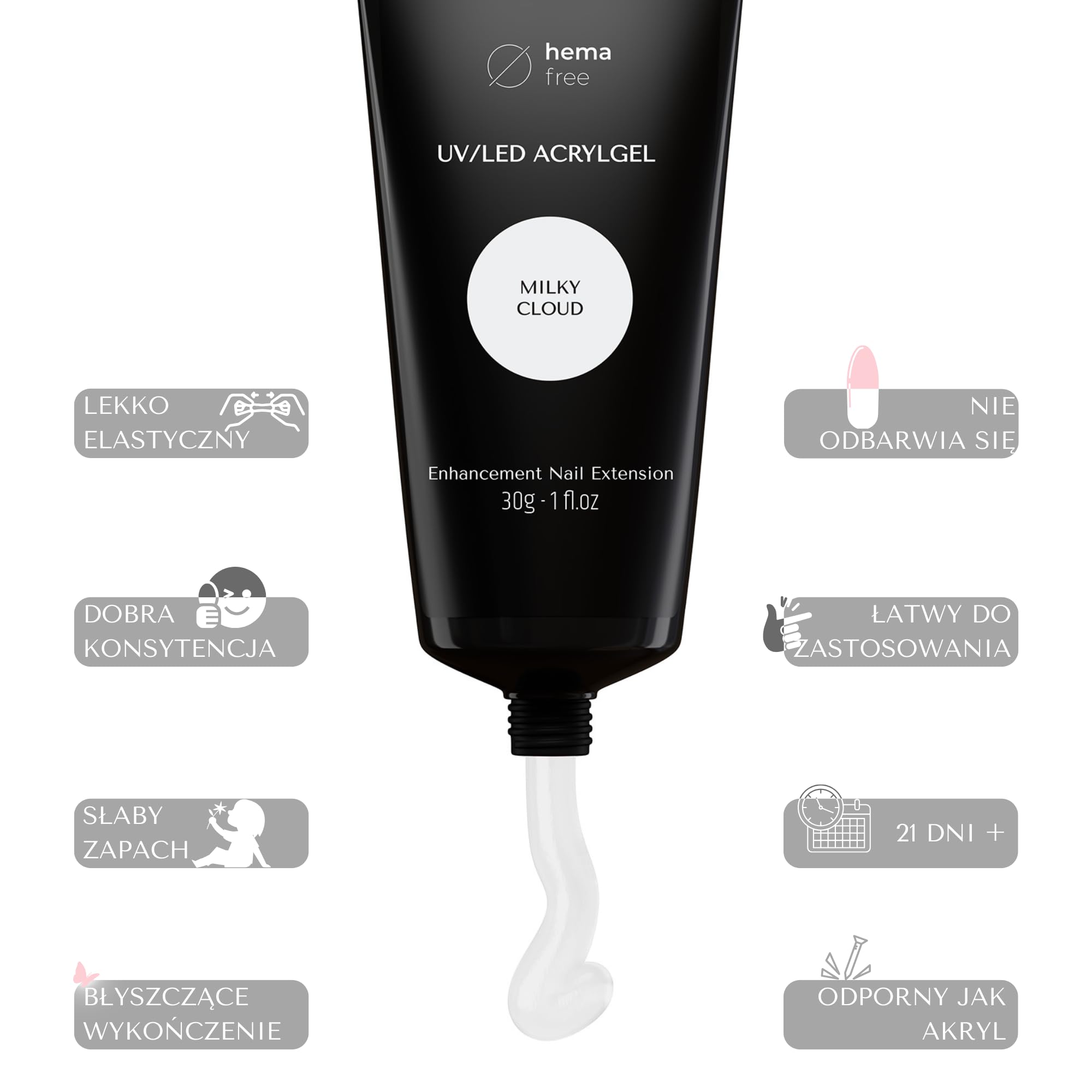 INLAQ® Żel Akrylowy Budujący Żelowy Builder do Przedłużania Baza Żelowa do Przebudowy Modelowania Paznokci Acrylic Gel UV Led– do Salonu i Domowego Użytku Manicure Pedicure Milky Cloud 30ml
