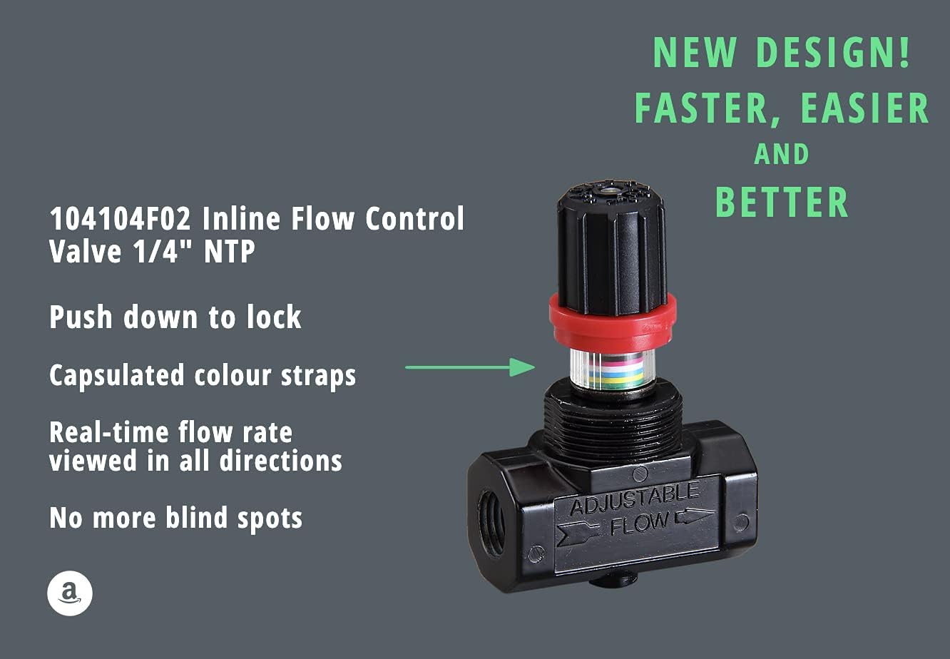 Fulgem Products 104104F-02 Inline Airflow Regulator Needle Valve 1/4" NPT with Adjustment Lock and Color Display Strap For Multi-directional View of In-Time Flow Rate. For Air Tools and Compressors