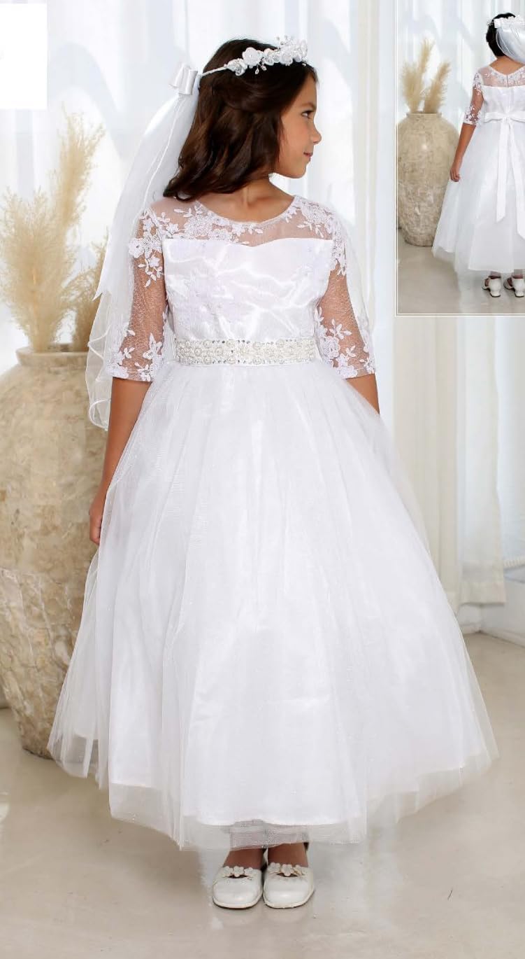Girls' White First Communion Lace Tulle Half Sleeves Flower Girl Pageant Dress USA 2-24