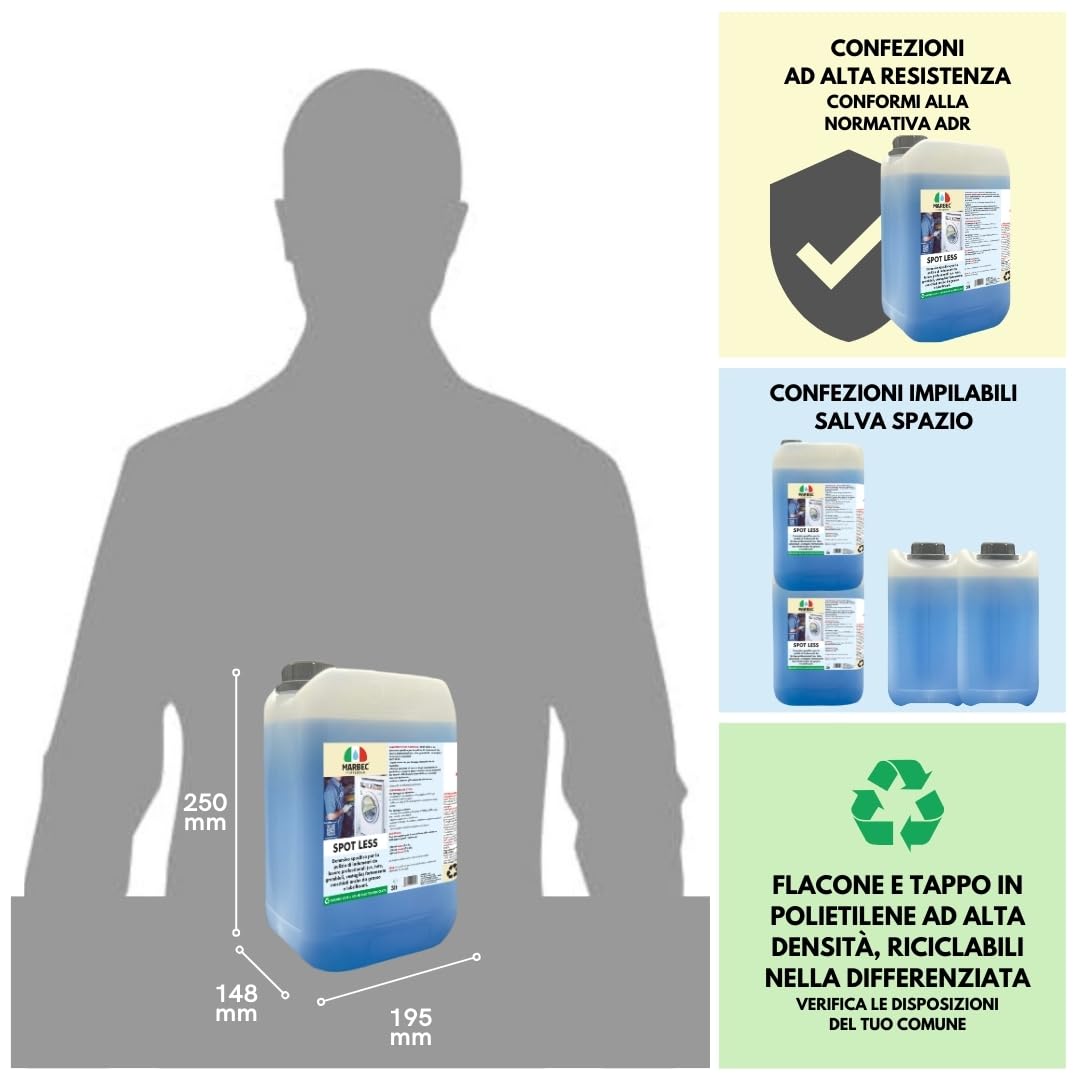 MARBEC SPOT LESS 3LTX4PZ Detersivo specifico per la pulizia degli indumenti da lavoro, soprattutto quelli molto sporchi da grasso e da lubrificanti.
