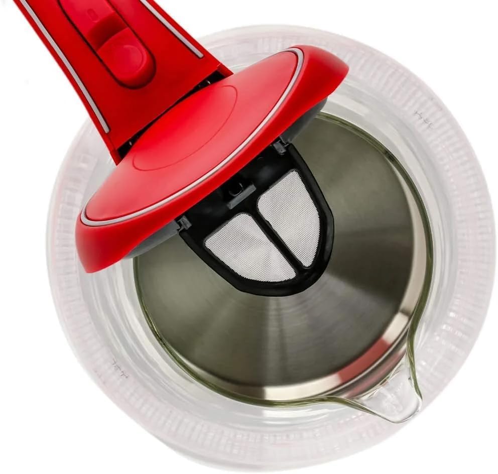 Electric Hot Water Portable Glass Kettle with Filter 1.5 Liter Stainless Steel Base Countertop Teapot & Auto Shutoff BPA-Free Fast Heating, Boil Dry Protection, Brew Coffee & Tea (Red)