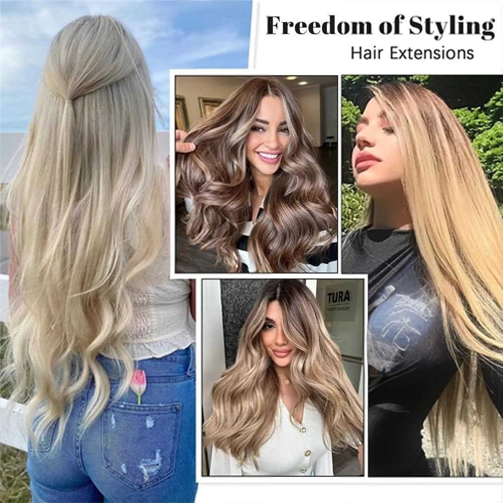Przedłużki do włosów z klipsami, prawdziwe ludzkie włosy Remy, 25,4-66 cm, nr 613, rozjaśniony blond, 7 sztuk, naturalne, miękkie, gładkie, podwójne pasma dla kobiet (61 cale)