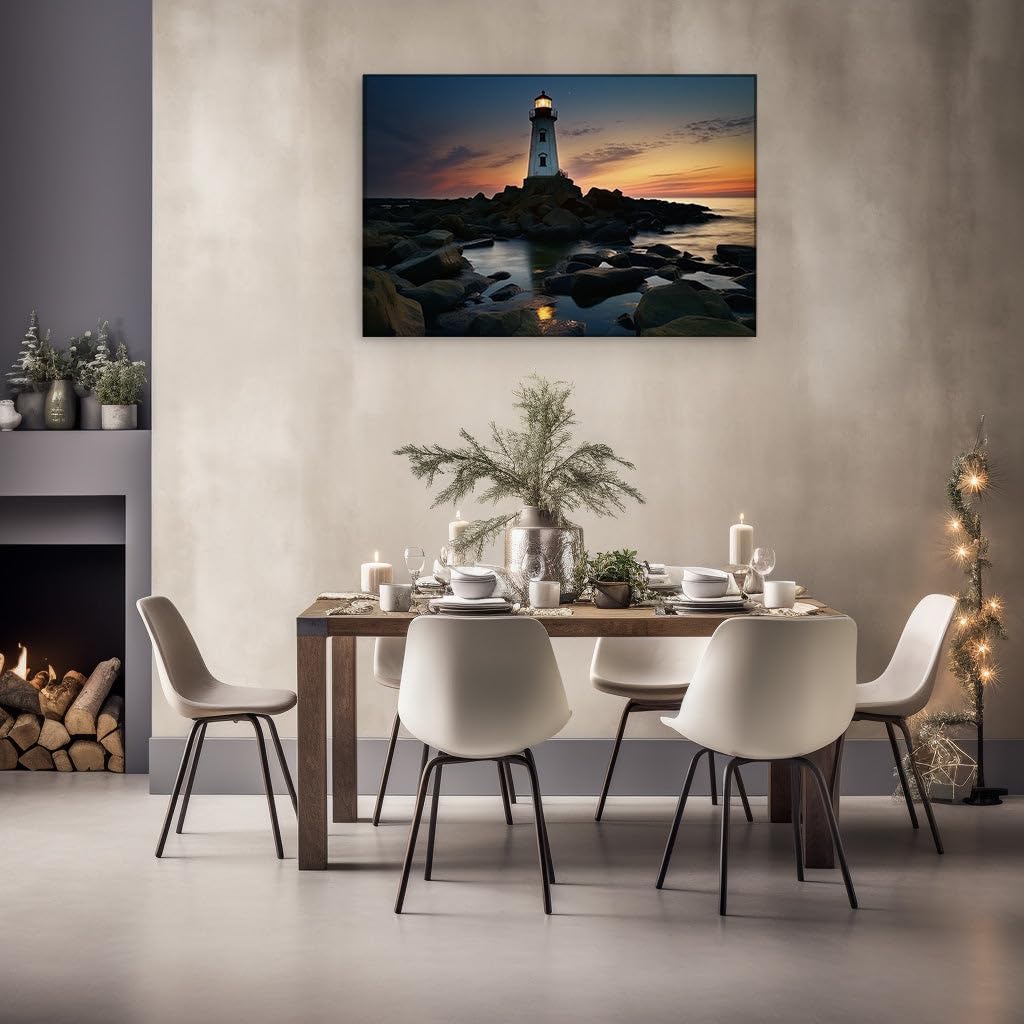 Canvas for Living room. Lighthouse Glow at Sunset - A Beacon of Serenity on the Shore, 27 x 18 inch Canvas Wall Art - Surrealistic Visions - Modern Home Decor