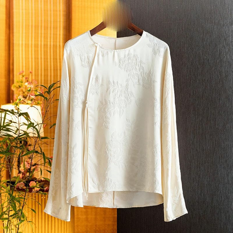 Women's Silk Jacquard National Style Blouse Summer Retro Tassel Pearl Button Long Sleeve Top