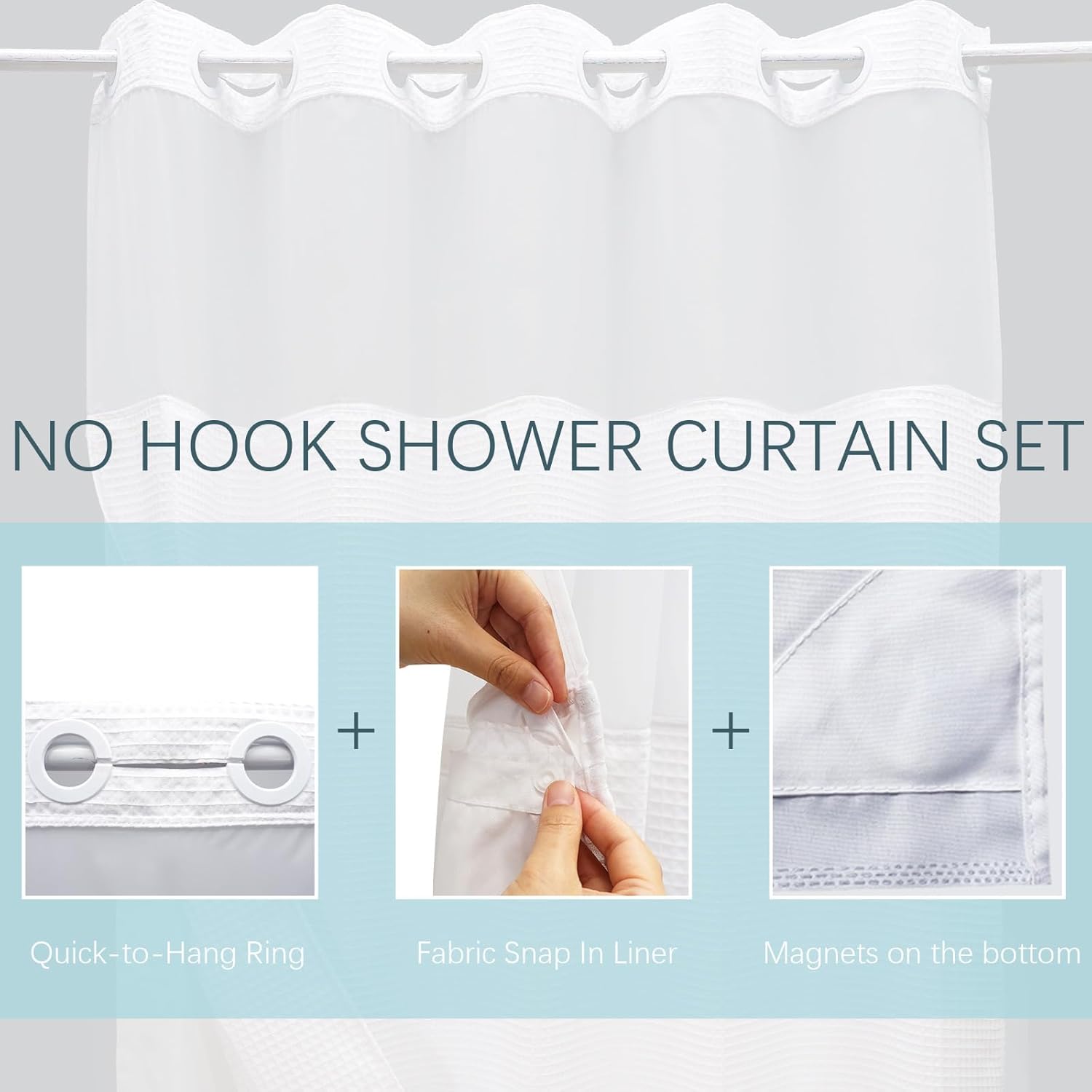 VIUOON Hookless Waffle Weave Shower Curtain with Snap-in Liner - 71W x 74H, White, Heavy Duty 250GSM Polyester, Waterproof, Machine Washable, Sheer Top Window for Bathroom and Hotel Use