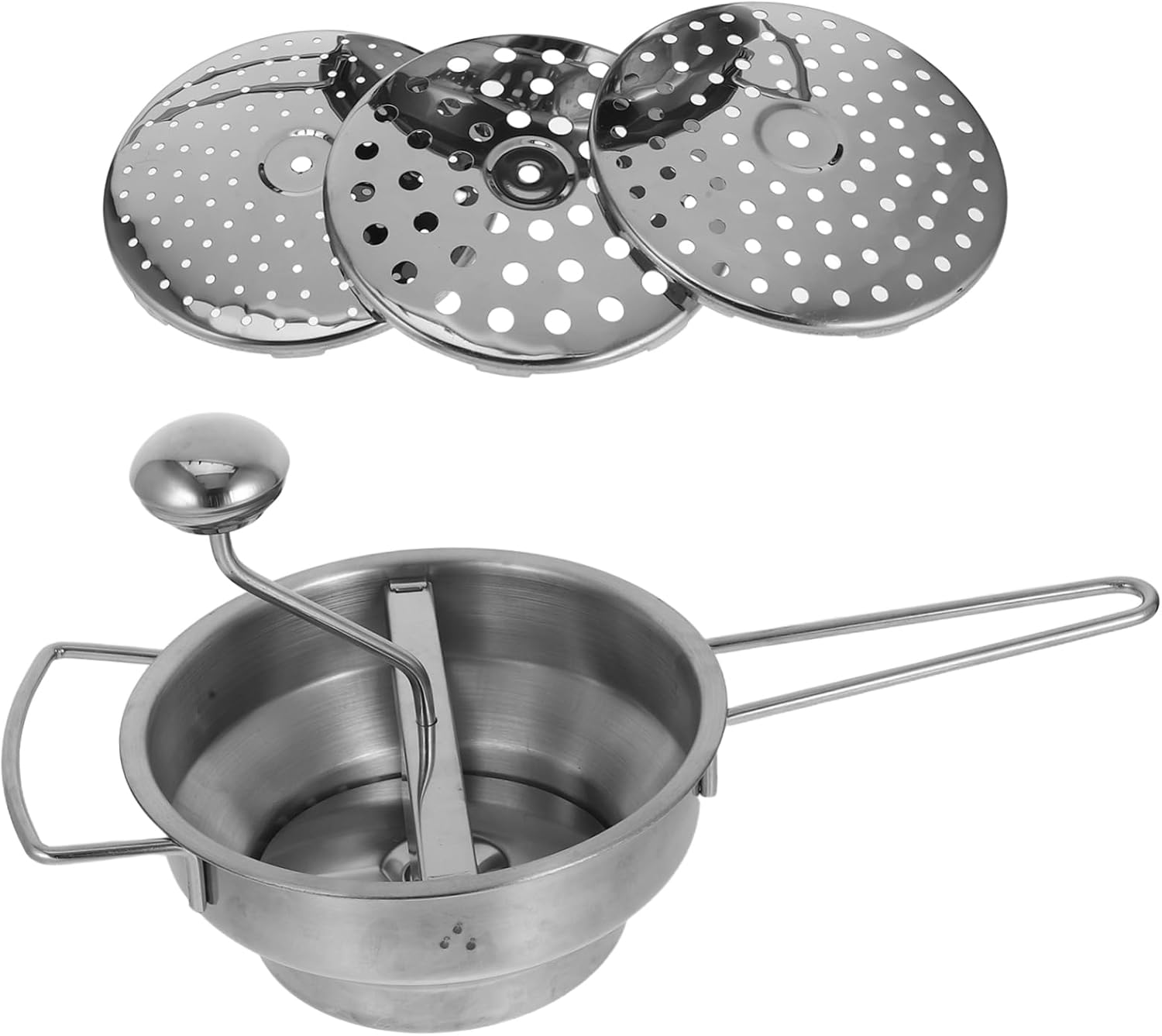BESTYASH 1set Stainless Steel Manual Potato and Masher with Ergonomic Handle Compact Food Mill for Effortless Mashing of Potatoes and Vegetables Includes Filter Discs for Versatile Food