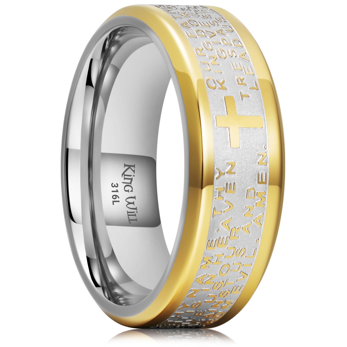 King Will Stainless Steel Men Ring Lord's Prayer Cross Ring Stainless Steel Men Wedding Ring, Wedding Band Bible Engraved Rings High Polished, Comfort Fit