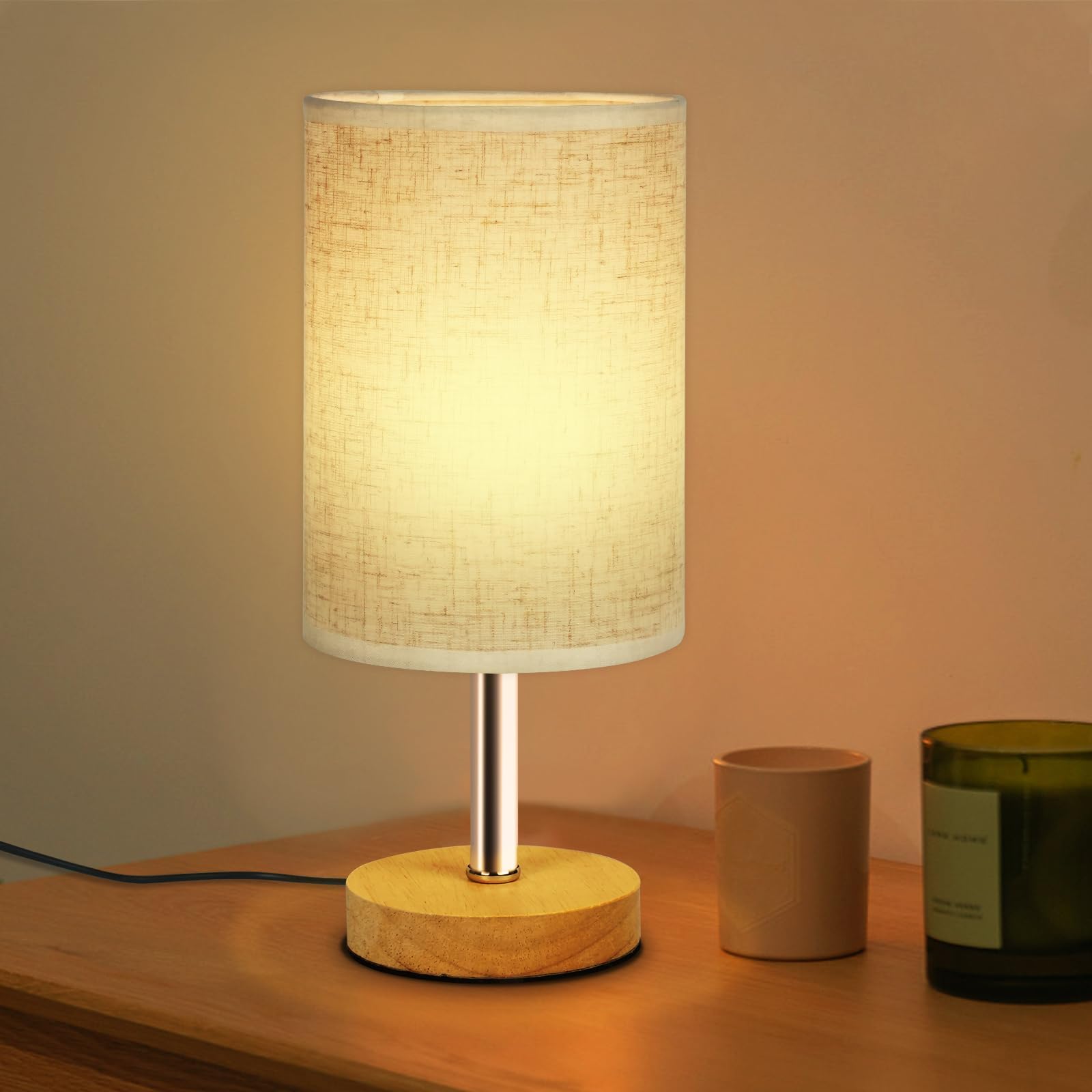 SurezoTich Bedside Lamp, USB Bedside Table Lamp, Warm Light Small Table Lamps, Wooden Base Linen Fabric Shade