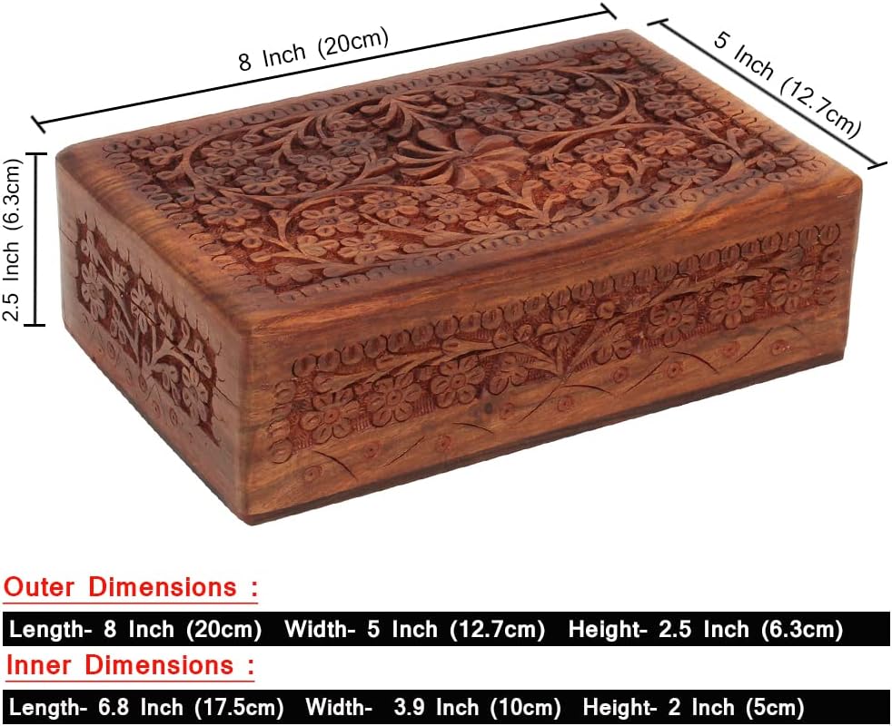 Ajuny Wooden Handcarved Decorative Jewelry Storage Box Flower Design Multipurpose Treasure Chest Keepsake Organizer Necklaces Watch Boxes Great for Gifts 8x5 Inch - Image 8
