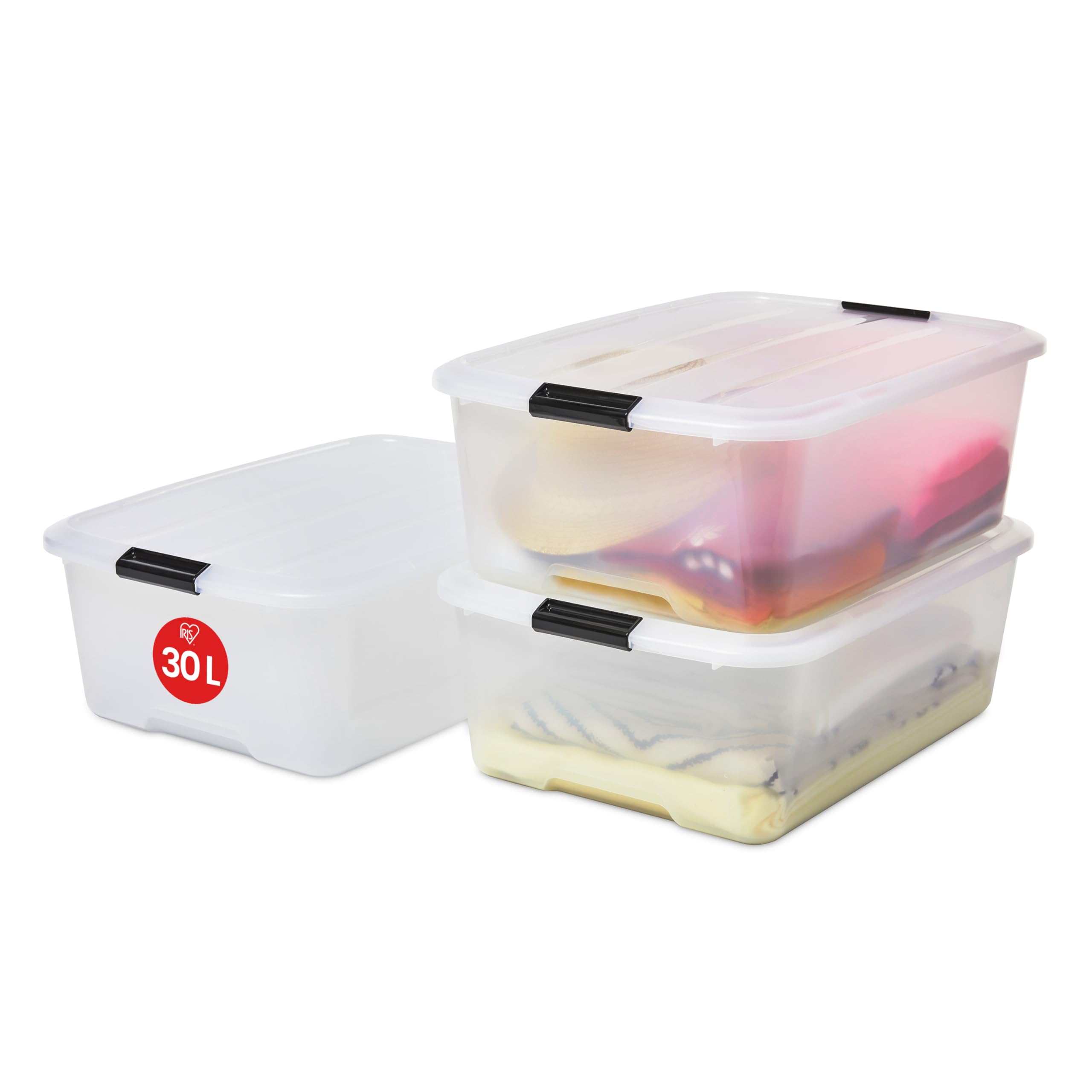 Iris Ohyama, Set of 3, Storage boxes, 30 L, with snap closure, stackable, living room, bedroom, garage - Top Box TB-30 - Transparent