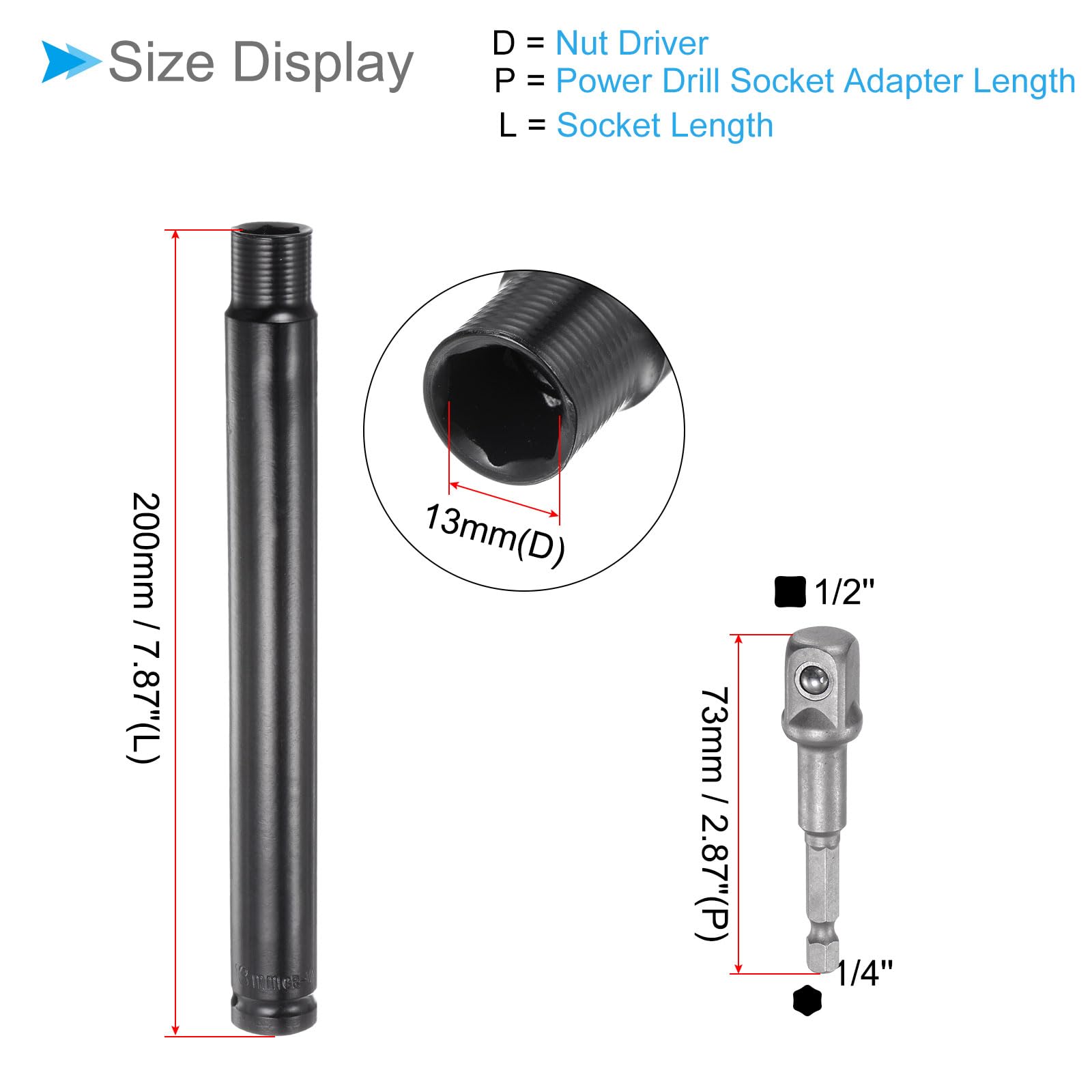 Prolunga Presa Cava, Misura 13mm Lunghezza 200mm Attacco Esagonale 1/4" Adattatore 73mm Chiave Bussola 6 Punti Dadi Potenza Cambio Rapido-(Applicazioni: Asta Filettata Lunga), 2pz