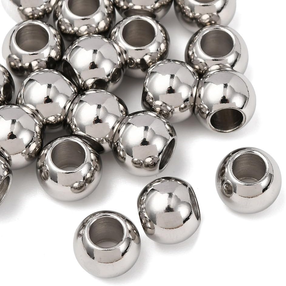 DanLingJewelry 20Pcs 10mm Stainless Steel Round European Beads Rondelle Large Hole Metal Spacer Beads for Jewellery Bracelets Necklaces Making