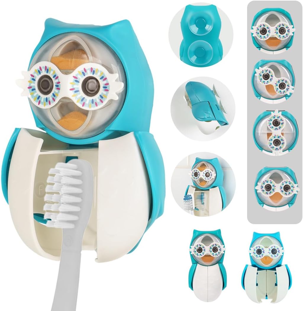 Flipper Fun Animal Owl Toothbrush Cover, One Touch Open & Close,Suction Cup Toothbrush Holder for Mirrors, Glass or Tiles, Sand Timer -1 minute timer for toothbrushing,Made in Malaysia 3Y+