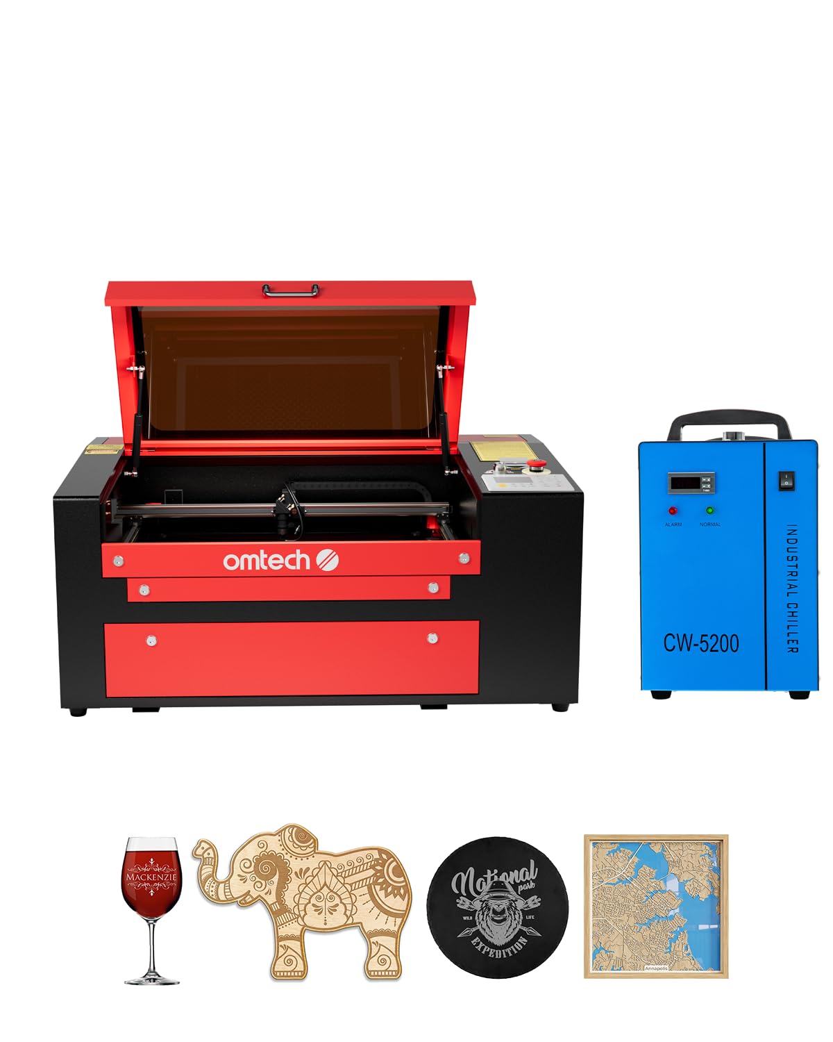 OMTech50W CO2 Laser Engraver with Water Chiller, 20x12 Inch Laser Engraving Cutting Machine with 2 Way Pass Air Assist Water Pump, Commercial Laser Engraver Cutter for Wood Glass Acrylic More