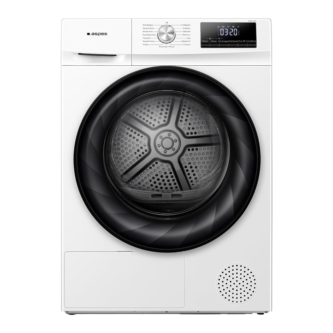 Aspes Secadora Bomba Calor 8Kg, Carga Frontal, Blanco, ASB801A2DB. 650W, 15 Programas, Función Antiarrugas, Función Antiarrugas, Tambor Waterdrop, Display LED manual, Eficiencia Energética Clase A++