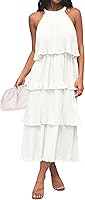 ZESICA Women's Sleeveless Halter Neck Ruffle Tiered Chiffon Flowy Midi Dress - Summer Wedding Guest Party Beach Dress