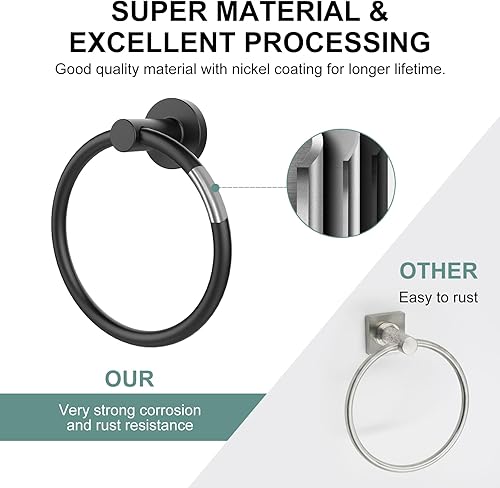 Miniatura 4 de SetSail - Soporte de toalla para pared de baño, anillo de toalla negro mate de acero inoxidable, soporte de toalla de mano resistente para baño