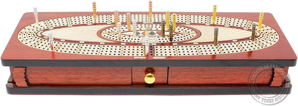 House of Cribbage - Continuous Cribbage Board/Box Inlaid in Blood Wood/Maple : 4 Track - Sliding Lids, Drawer & Metal Pegs with Score Marking Fields for Skunks, Corners and Won Games