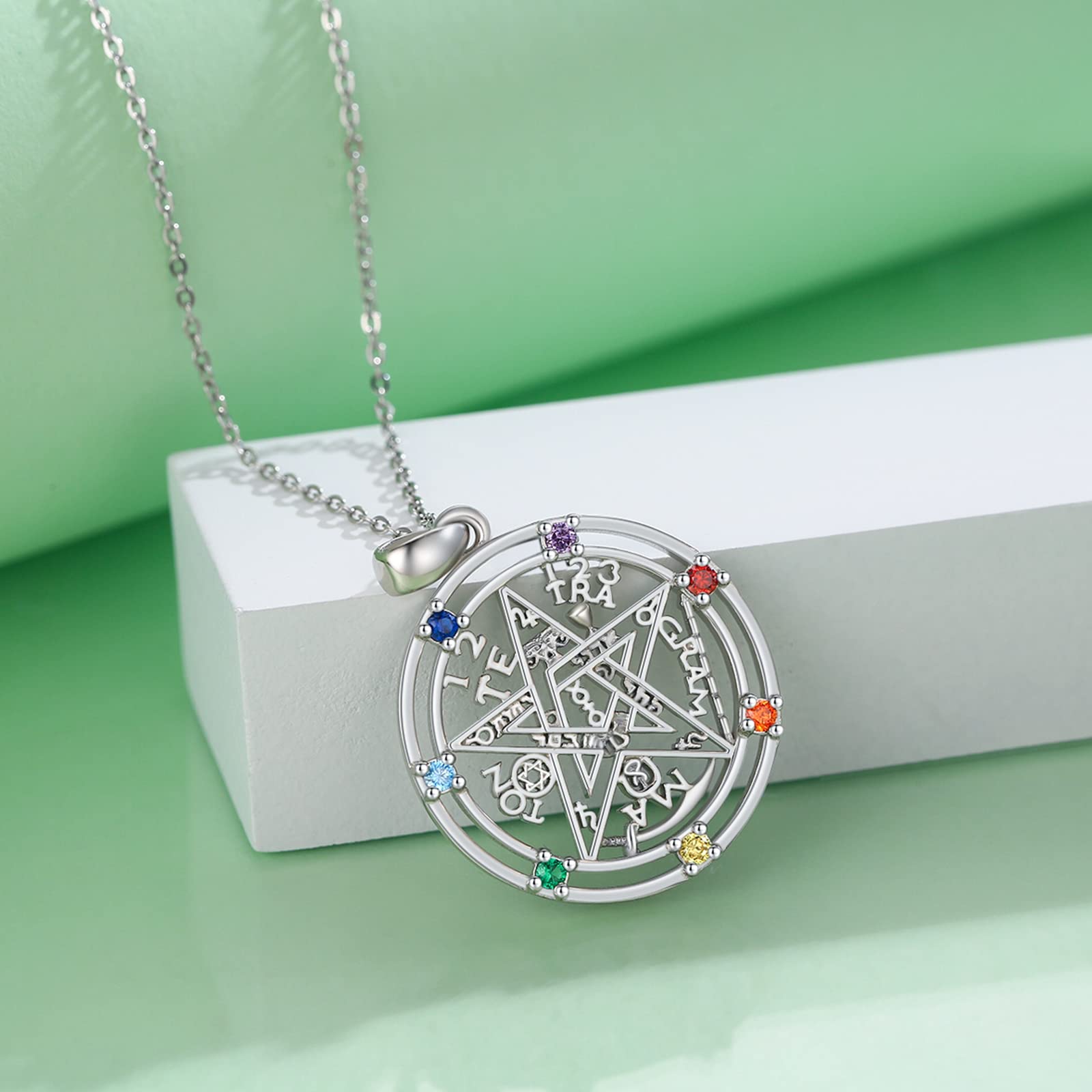 Tetragrammaton - Collar de plata de ley con colgante de pentagrama de 7 chakras, collar pagano, joyería pagana, regalo para mujer, Plata esterlina