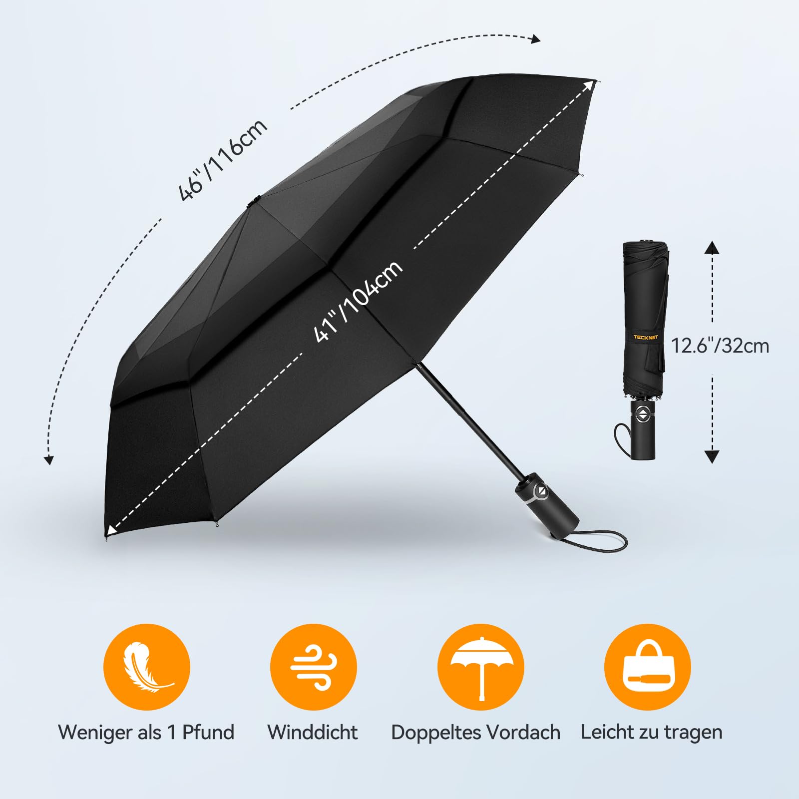 TECKNET Regenschirm Sturmfest für Regen, Automatik Groß Taschenschirm mit 10 Rippen, 104 cm Windsicher Schirm, Faltbar Kompakte Reise Golf Umbrella für Herren und Damen