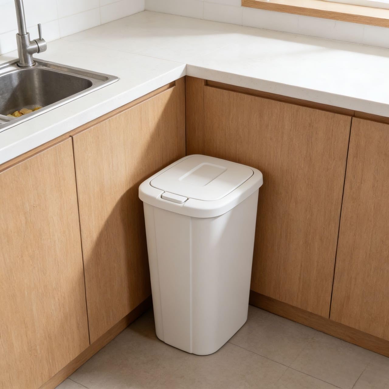 13.3 Gallon Push-Button top lid Kitchen Trash can, White