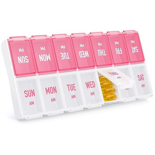 AMOOS Weekly Pill Organizer 2 Times a Day, Stylish Pill Box 7 Day AM PM with Large Compartments, Pill Case Easy to Use, BPA-Free Pill Container for Vitamins, Fish Oils, Supplements, Medicines, Pink - 01-pink