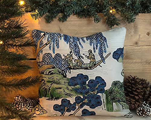 Asian Scenic Pillow In Blue And Kelly Green Lumbar Decorative Pillow Chinoiserie Pillow Cover 18X18 Cushion Cover #TOP3