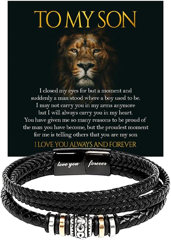 To My Son Bracelet From Mom and Dad, Braided Leather Bracelet Sons Gifts, Mother and Son Bracelet, Birthday Graduation Valentine Christmas Gifts For Sons With Message Card