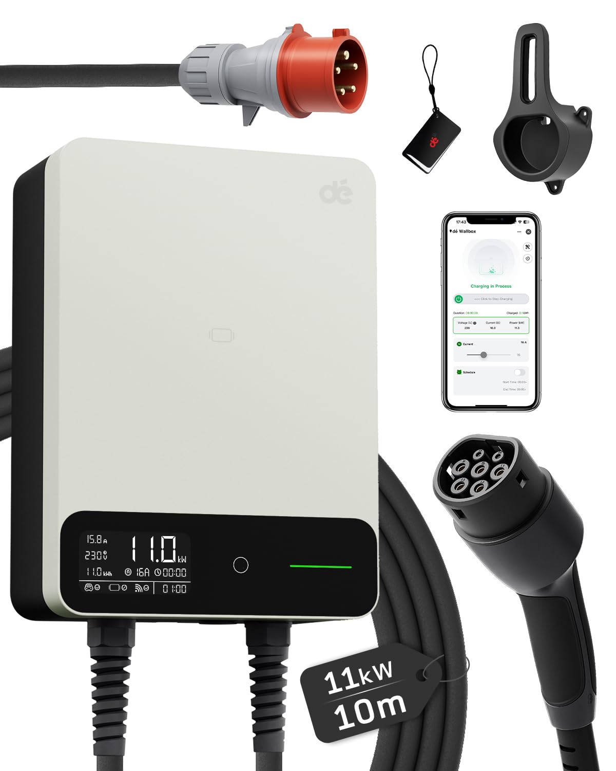dé Wallbox 11kW mit APP, 15m Typ 2 Ladekabel mit Kabelhalter, 3-Phasen EV-Ladegerät (6-16A, 400V), für BEV/PHEV, RCD Type A 30mA AC + 6mA & IP54-Schutz, effiziente Ladestation für Zuhause, weiß