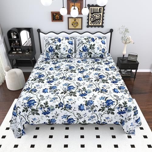 Image of Mafatlal Saanjh 144 TC Cotton King Size Bed Sheet 108x108 Inch | Elegant Floral Print Bedsheet | Soft Breathable Fabric | 2 Pillow Covers Included | Sapphire Blue
