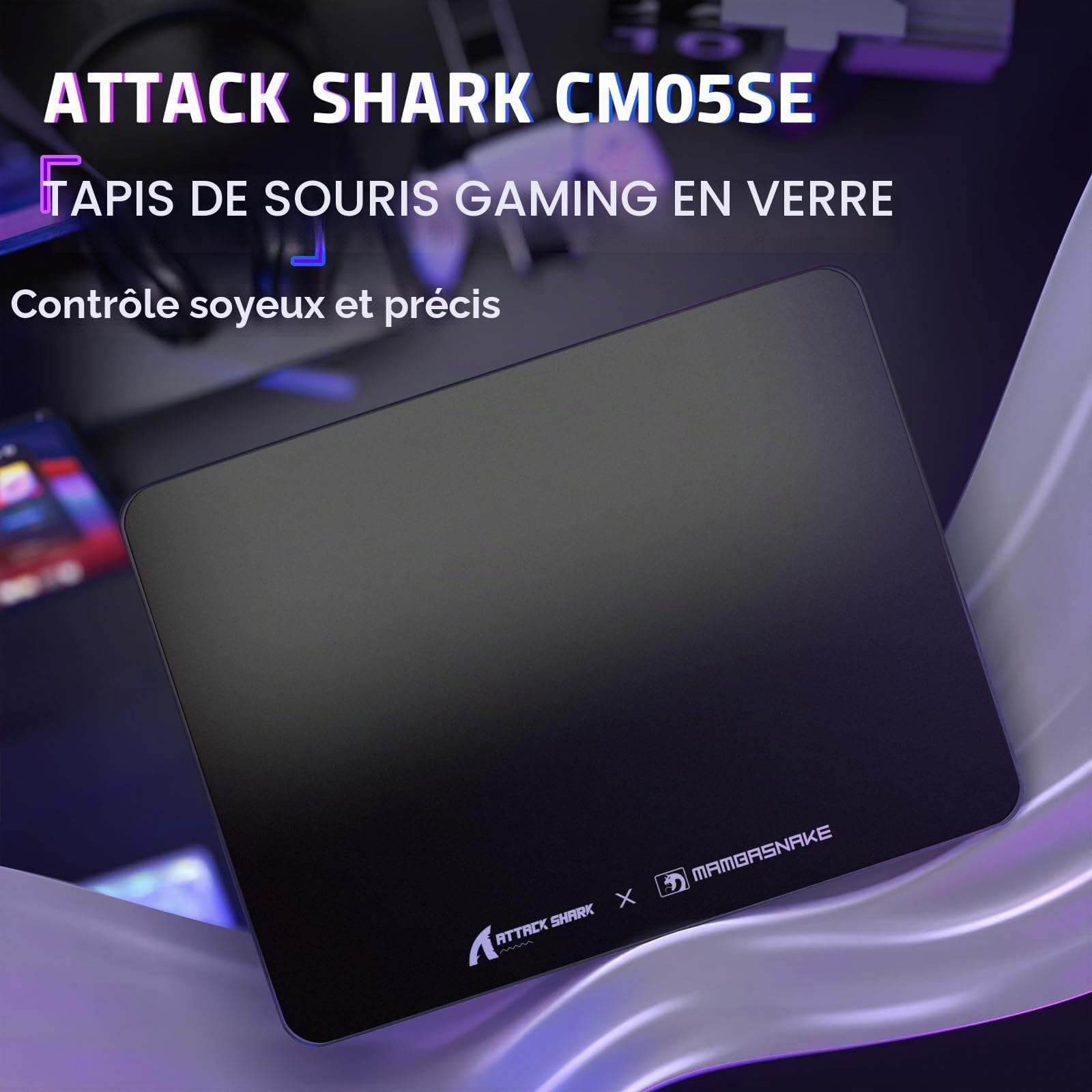 ATTACK SHARK CM05SE Tapis Souris Verre Trempé, 9H Dureté Anti-Rayures, Surface Ultra-Lisse Gravée Nano, Base PU Antidérapante, Haute Précision, Déplacement Rapide, 410×310×5mm, Esports/Bureau - Noir