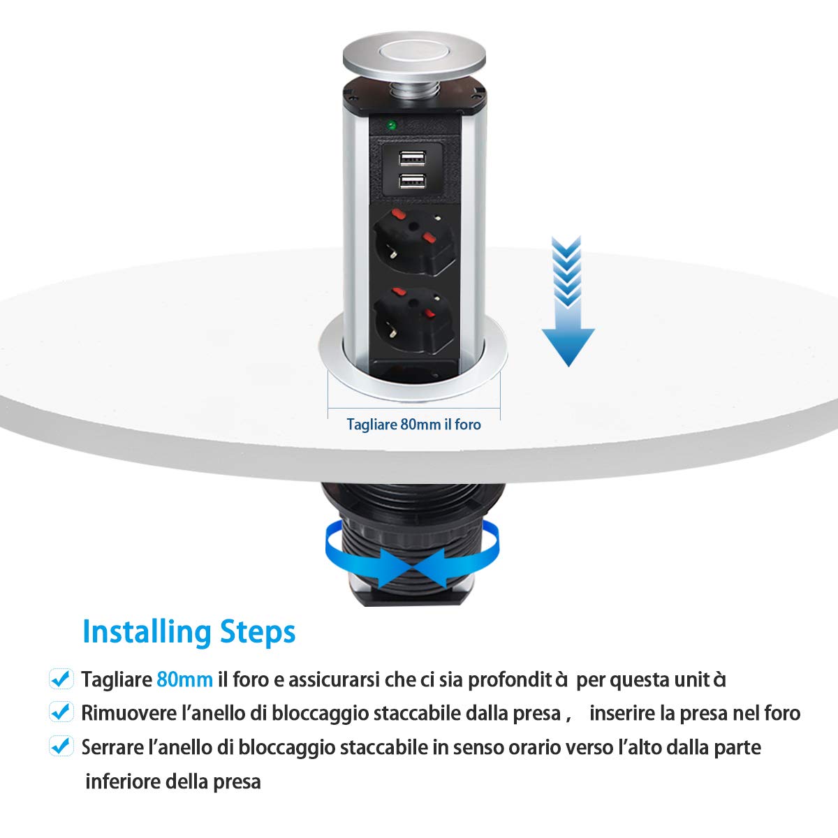 EXTRASTAR Multipresa da scrivania a scomparsa con 2 USB, 3 prese italiane, multiprese torretta retrattile con protezione multipresa per cucina, piani di lavoro, ufficio