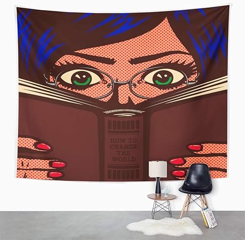 Shenywell Tapiz de estilo mundial para colgar en la pared, 60 x 80 pulgadas, arte pop de cómic, libro de libros, lentes, lectura para adolescentes,