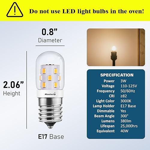 Miniatura 3 de Bombillas LED de microondas debajo del capó equivalente a 40 W, bombilla LED E17 regulable para campana extractora, 3 W 380 lúmenes, bombilla LED