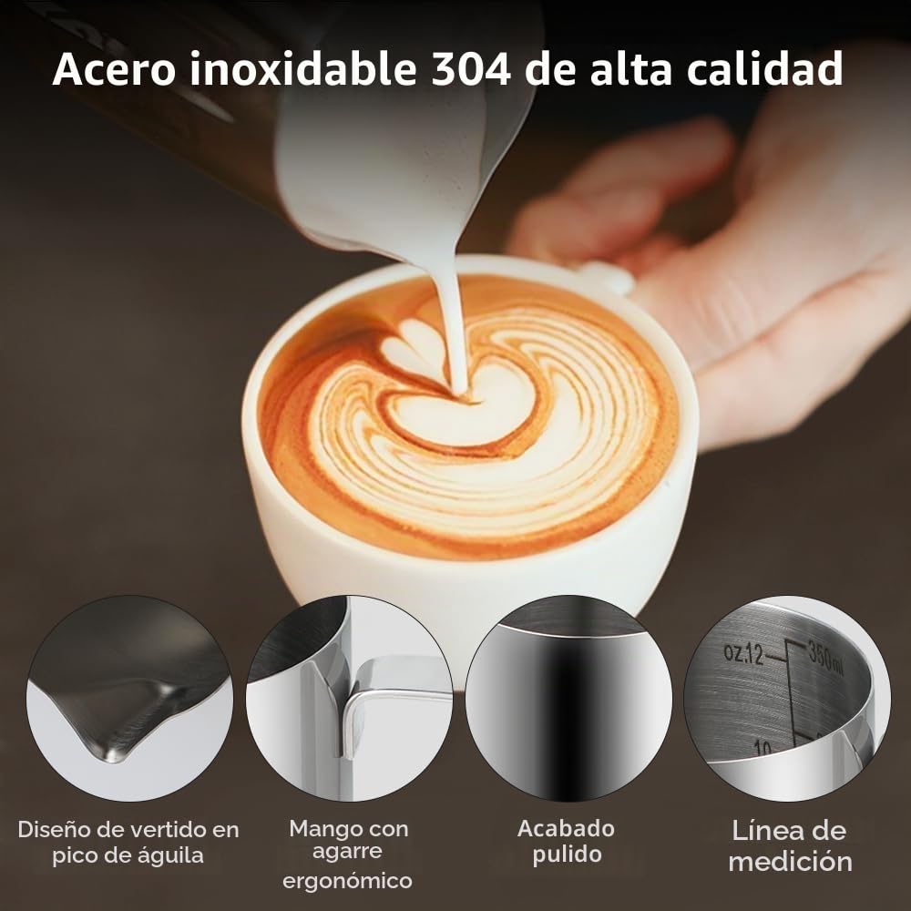 KITDAHOM Jarra de espuma de leche de mano de 350 ml de acero inoxidable con escala, dispensador de nata de acero inoxidable, incluye aguja para latte-art, adecuada para baristas para preparar