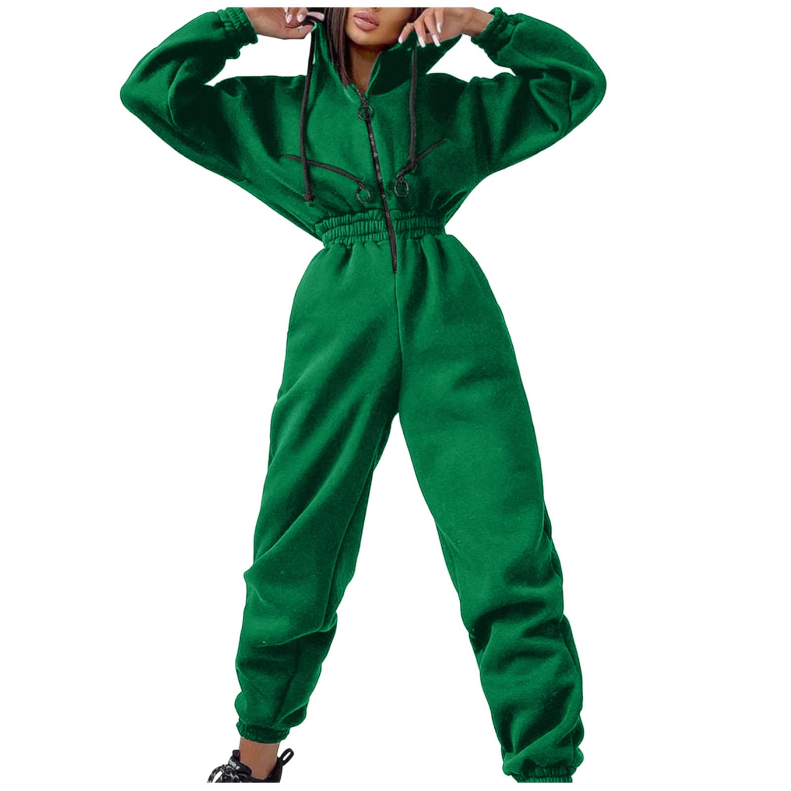 Generisch Jumpsuit Damen Overall Damen - Mädchen Dünne Langarm Slim Taille Casual Hoodie Reißverschluss Kordelzug Jacke Oberbekleidung Winter Trainingsanzug Motion Sweatshirt Overall