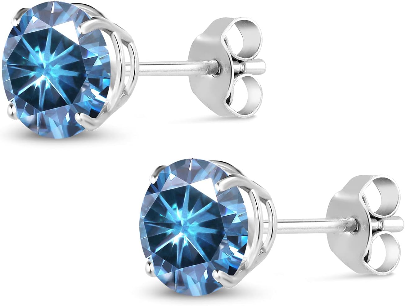 Gem Stone King 18K White Gold Stud Earrings For Women Men Persian Blue Round Moissanite (2.00 Cttw) - Image 3