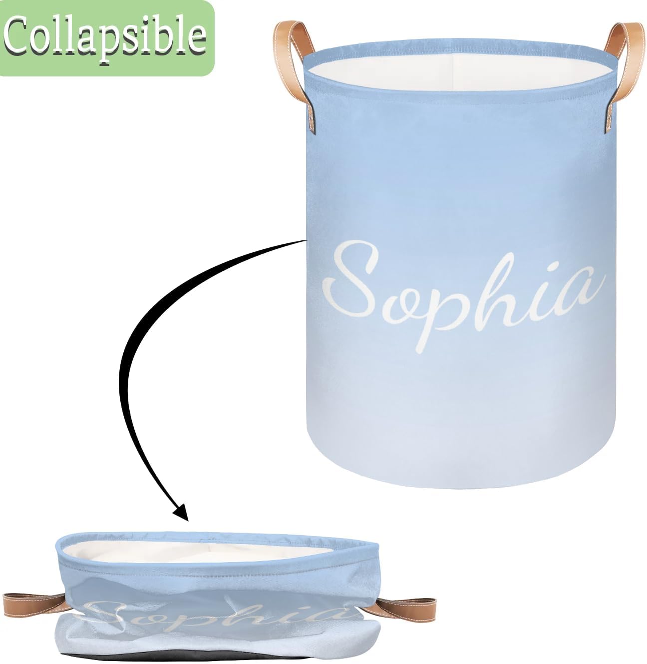 Custom Laundry Basket with Name, Personalized Baby Gradient Storage Hamper for Bedroom Bathroom, Round Storage Basket with Handle for Men Women Blue White