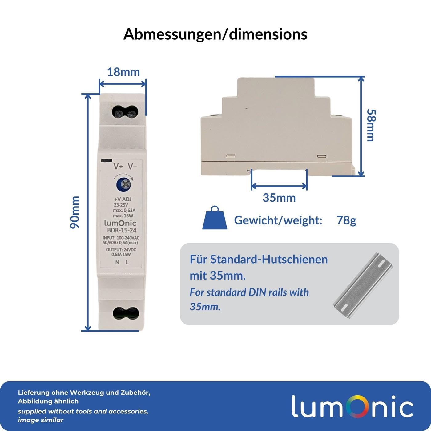 Image secondaire de Bloc d'alimentation DIN Lumonic BDR-15-24 24V 15W avec protection surcharge